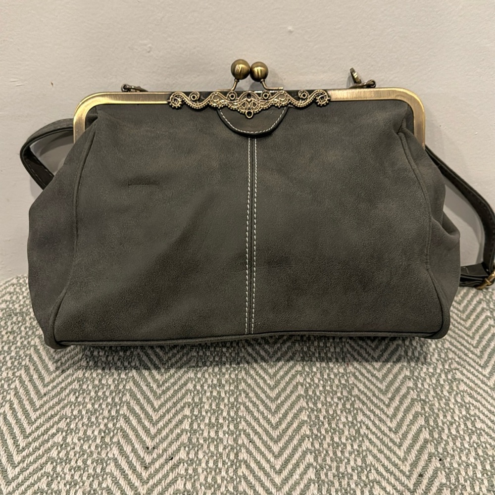 Grey Suede Kiss lock Shoulder Bag
